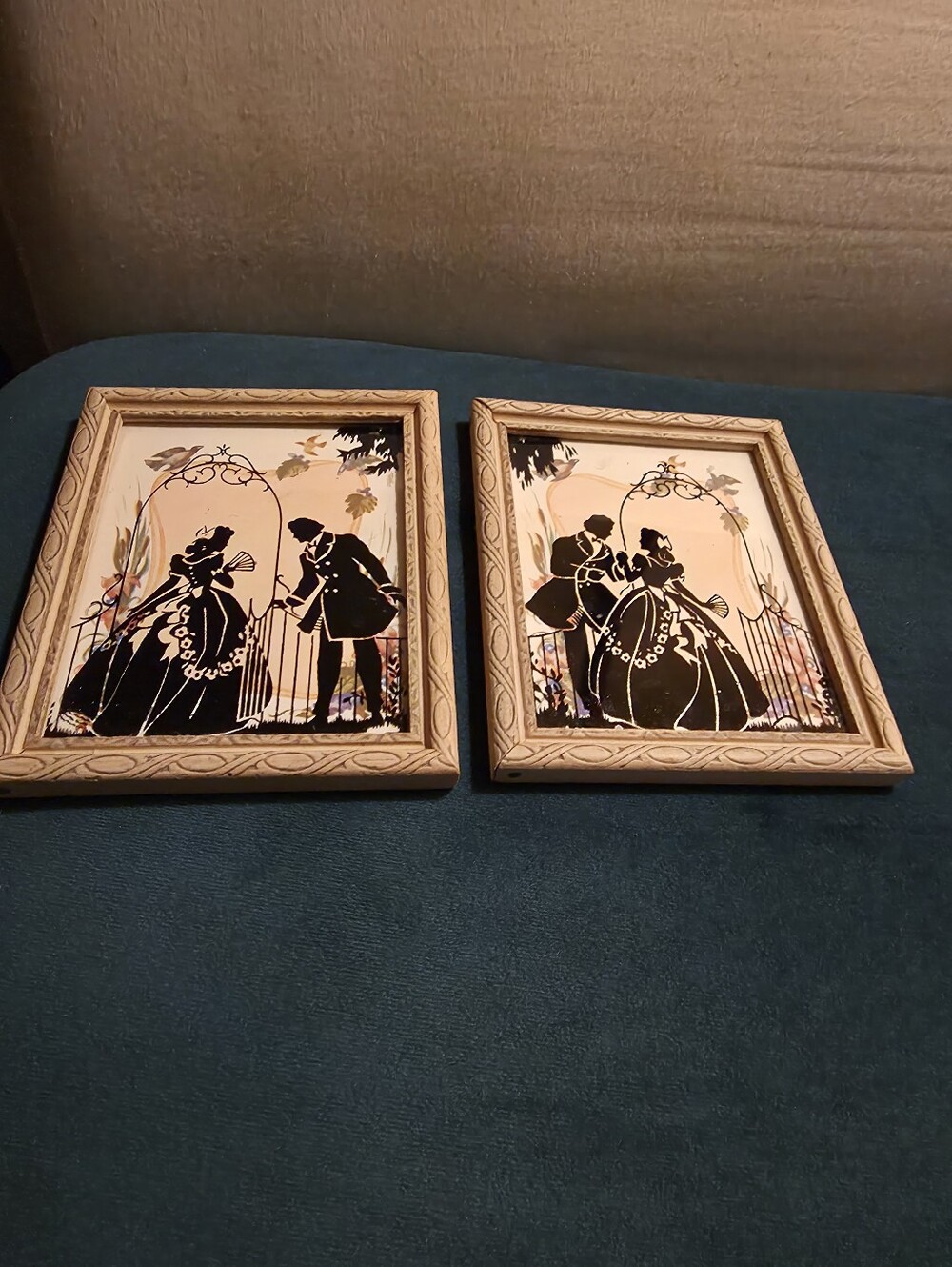 1930s Silhouette, Courting Couple, Reverse Painted Antique Enhanced Silhouette